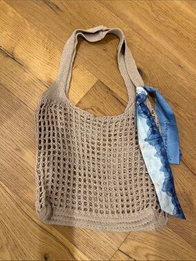 Beige Crochet Market Tote with Blue Scarf Accent